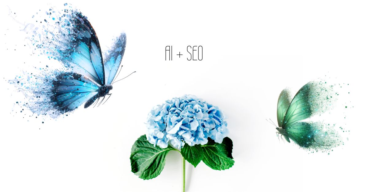 Syphonise of AI and SEO depicted through digital butterfly and organic flower